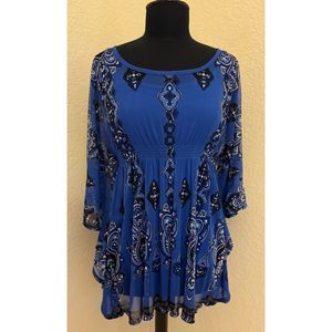 INC Blue Studded Print Batwing Sleeves Nylon Top Sz M